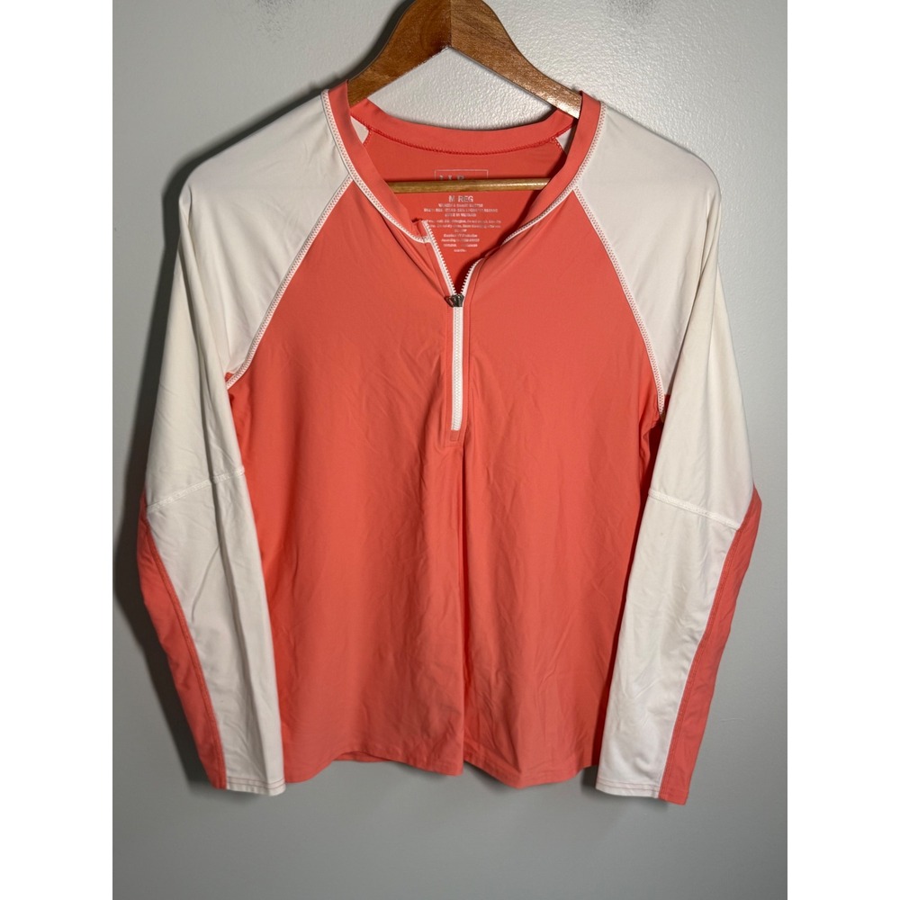 LL Bean Womens Rash Guard Coral White Quarter Zip UPF 50+ Swim Shirt Medium